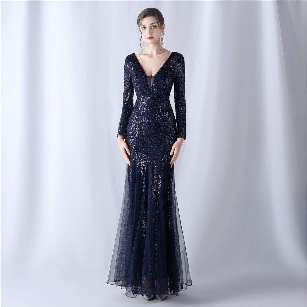 Mesh Sequin Wedding Dinner Annual Meeting Host Extended Sleeve Evening Dress