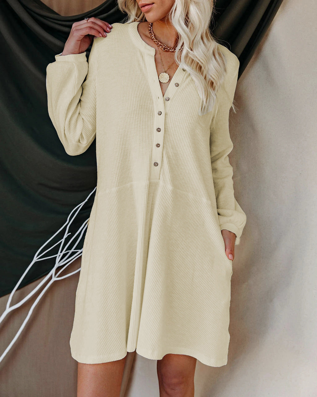 Cotton Verity Blend Pocketed Henley Dress Oatmeal FINAL
