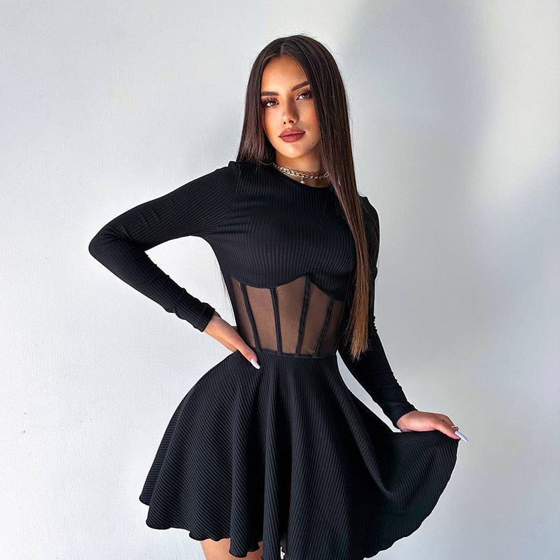 Half Fall High Collar Long Sleeves Mesh Patchwork See through Boning Corset Tight Waist Short Dress