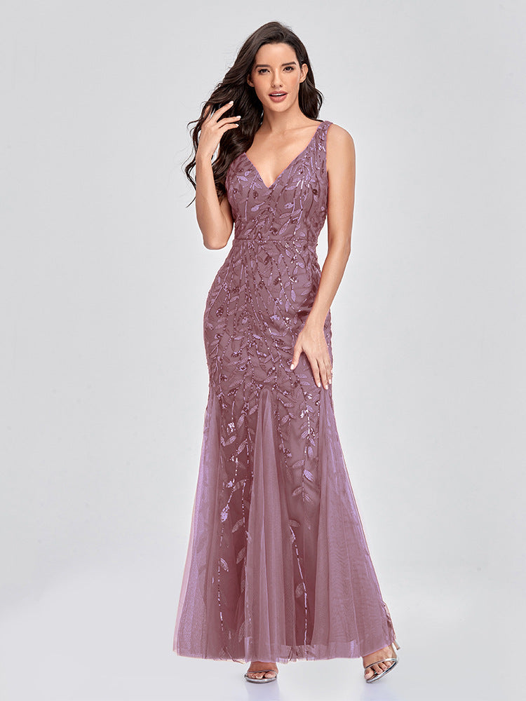 Evening Dress V neck Tulle Embroidered Sequ Sexy Mermaid Prom Dress Women Stylish Dress