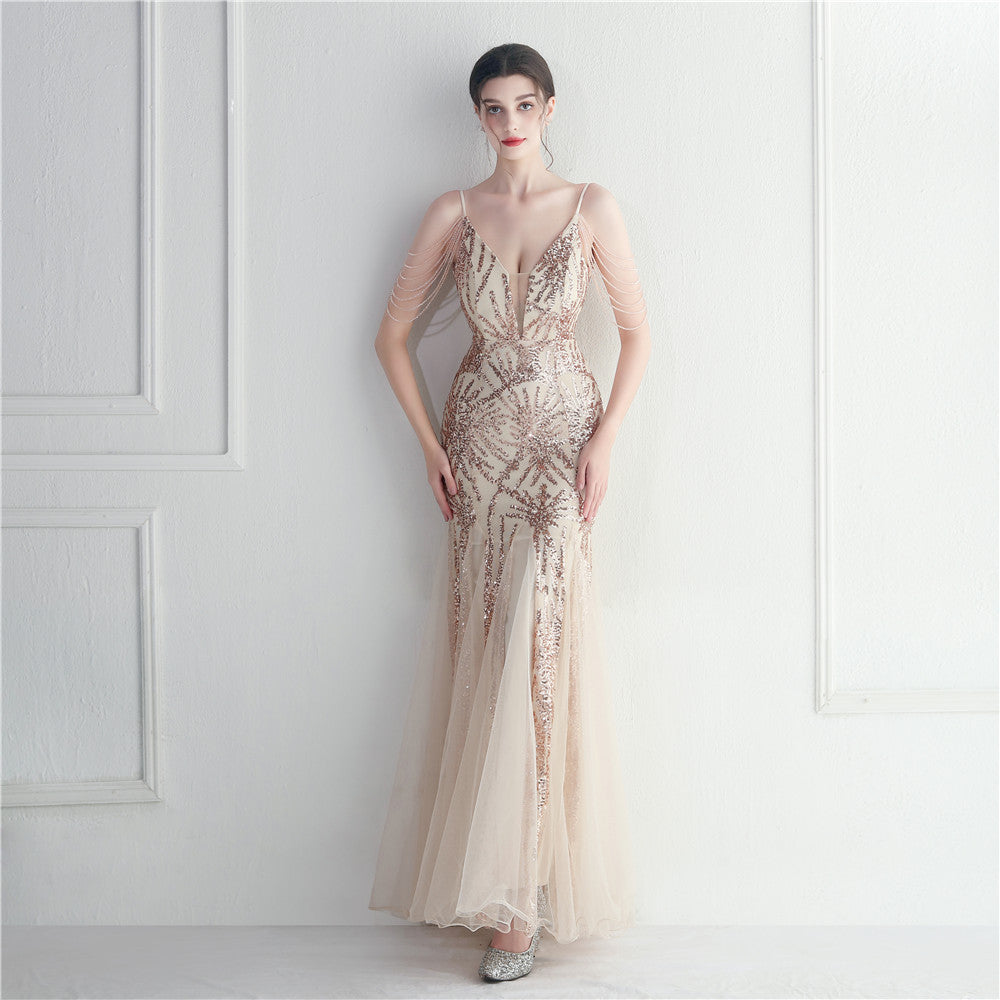 Beaded Bridal Wedding Dinner Extended Camisole Evening Dress