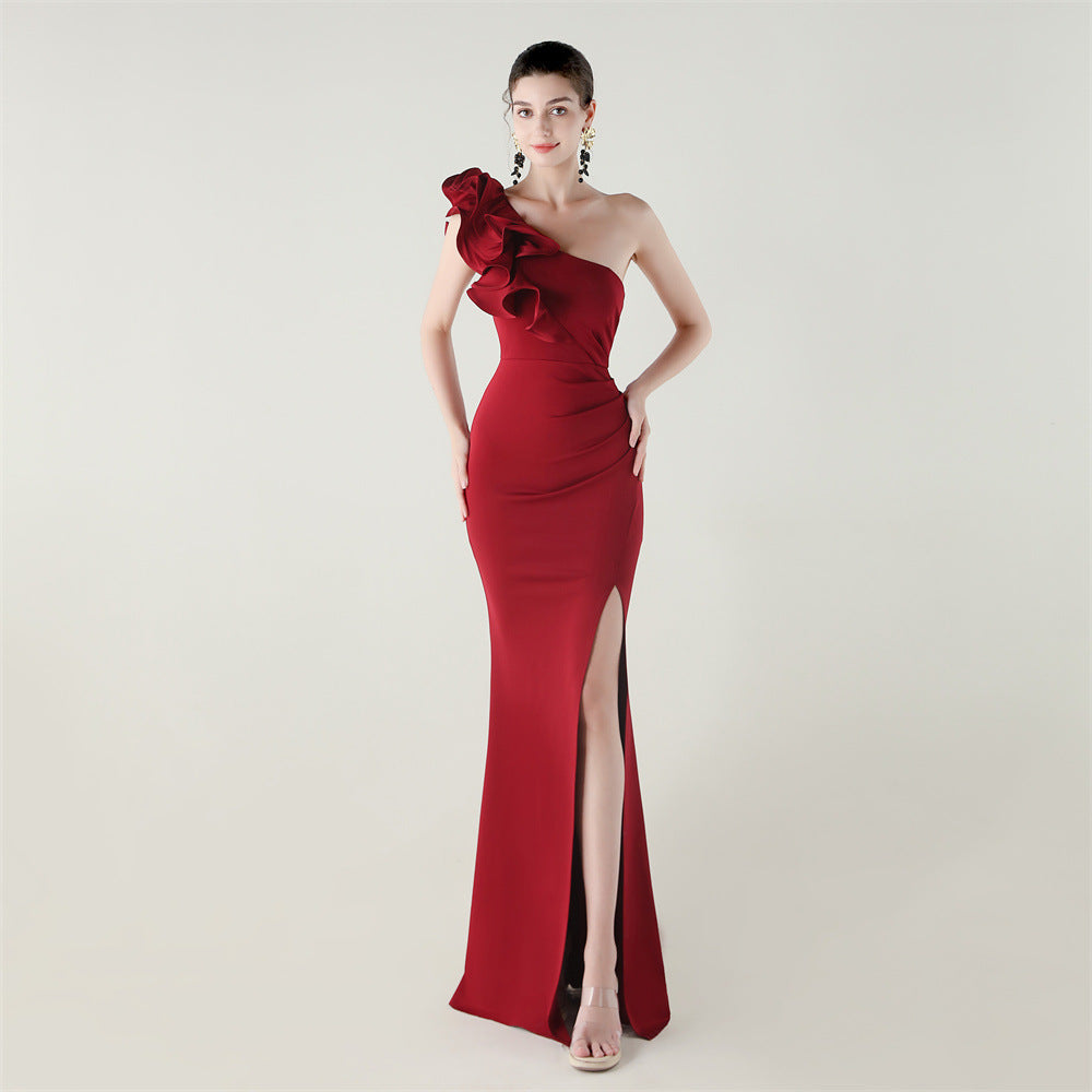 One Shoulder Craft Wave Flower Satin High Slit Sexy Evening Dress Dinner Party Wedding Social
