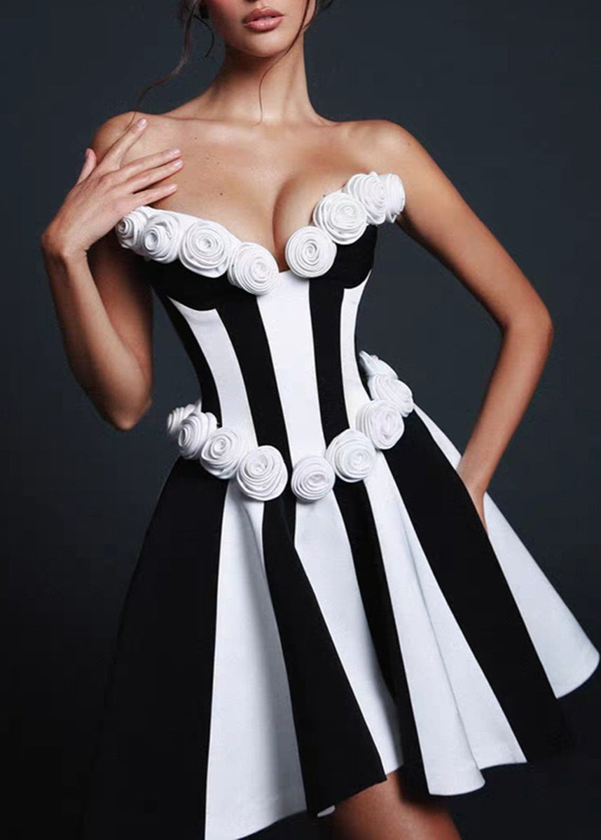 Strapless Monet Rosette Mini Dress Black & White Sculpted Fit-and-Flare