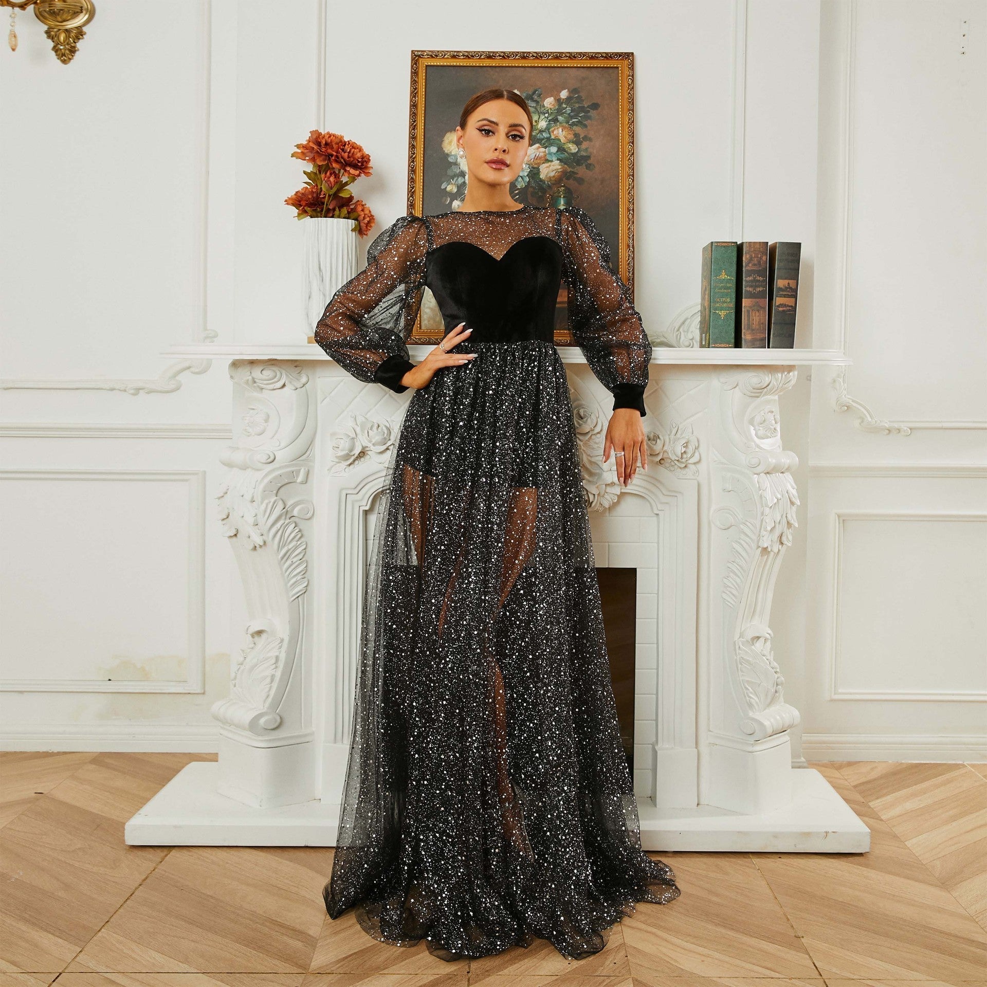 Sleeved Long round Neck Cocktail Sequin Gauze Large Swing Evening Dress Bridesmaid