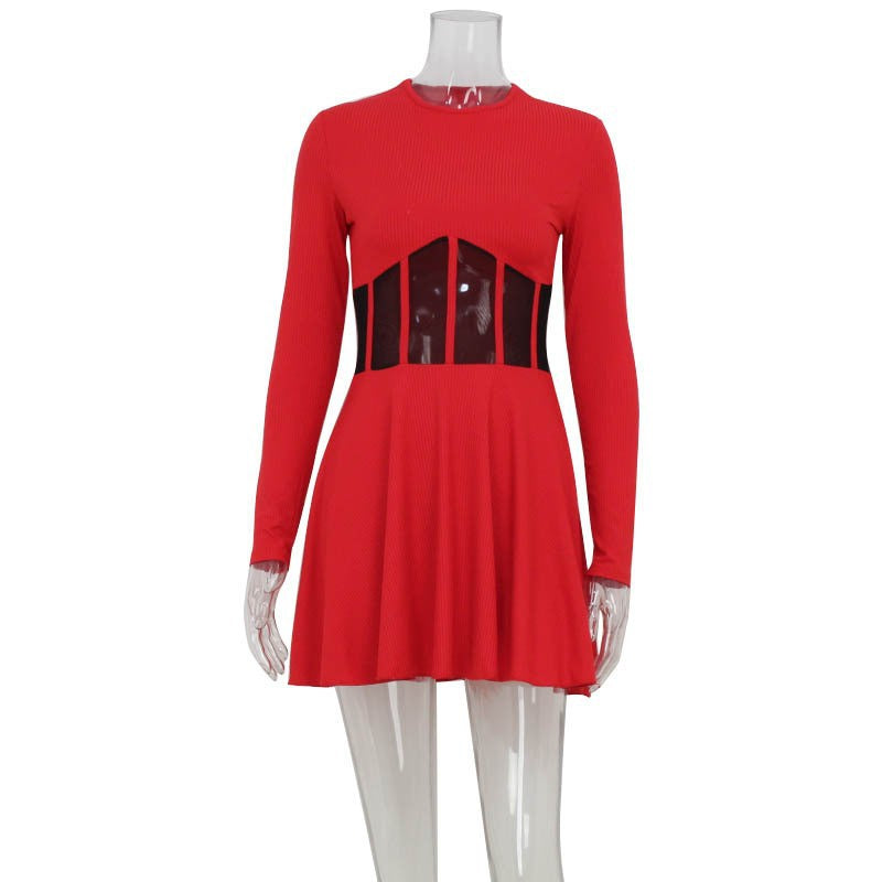 Half Fall High Collar Long Sleeves Mesh Patchwork See through Boning Corset Tight Waist Short Dress