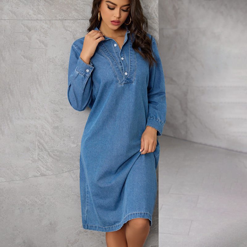 Chinese StCollar Graceful Graceful Retro Long Sleeve Denim Midi Dress