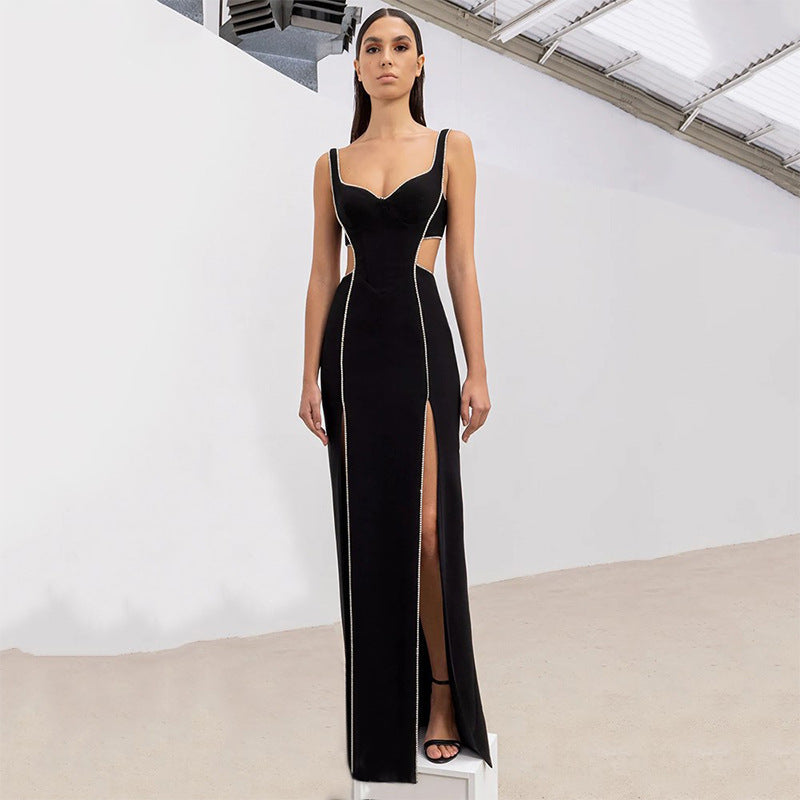 Bandage Tight One Piece Dress Split Sleeveless Drilling Diamond Cropped Outfit Dress