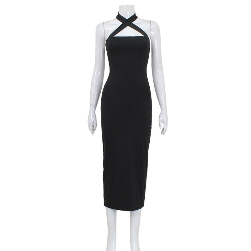Spring Autumn Women Clothing Attractive Slim Halter Lace Up Tube Top Dress Solid Color Sheath Maxi Dress