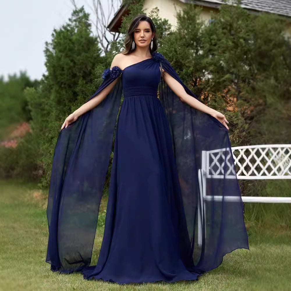 Ribbon Chiffon Dress Blue Slim Fishtail Cocktail Evening Dress Bridesmaid