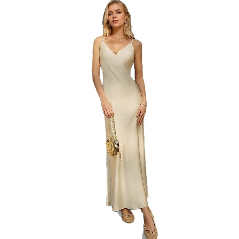 Satin V-Neck Halter Back Dress