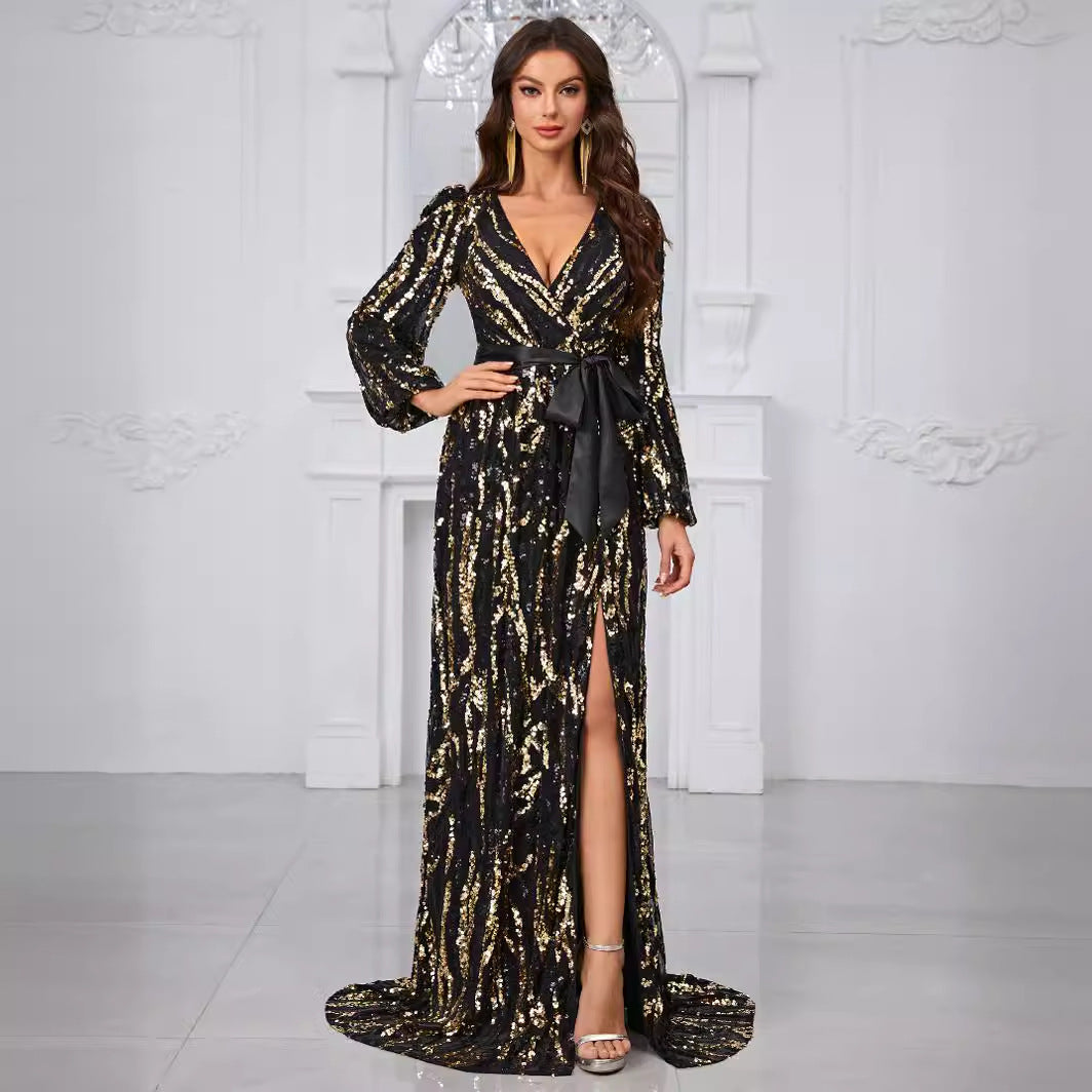 Women Prom Evening Dress Sequined Lace up Random Printed V neck Long Sleeve Light Premium Party Evening Dress