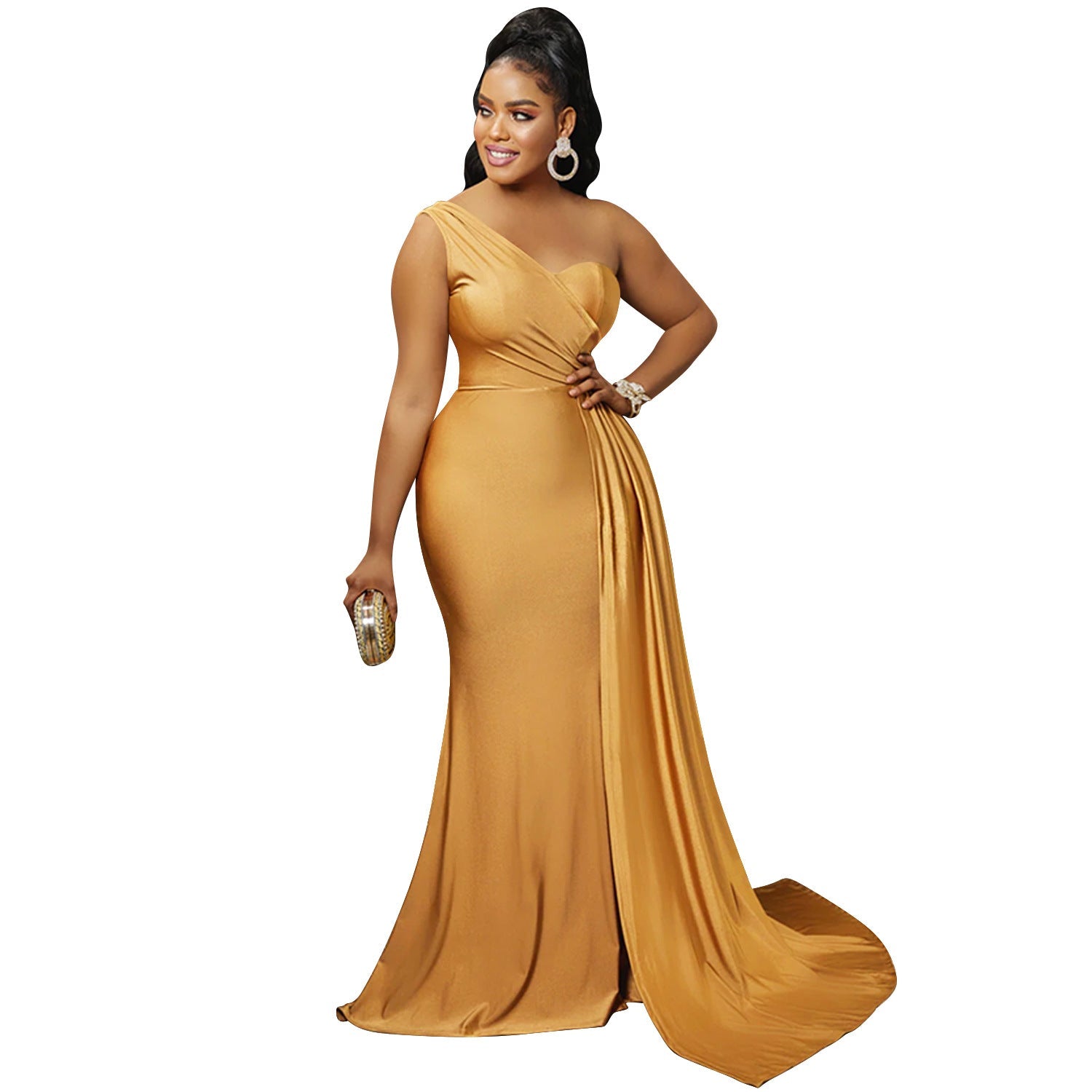 Solid Color Party Tight One Shoulder Sleeved Dress Maxi Dress Women