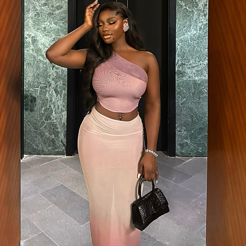 Cropped Fresh Sheath Tight Gradient Color Skirt Set Diagonal Collar Micro Transparent Dress Two Piece Set