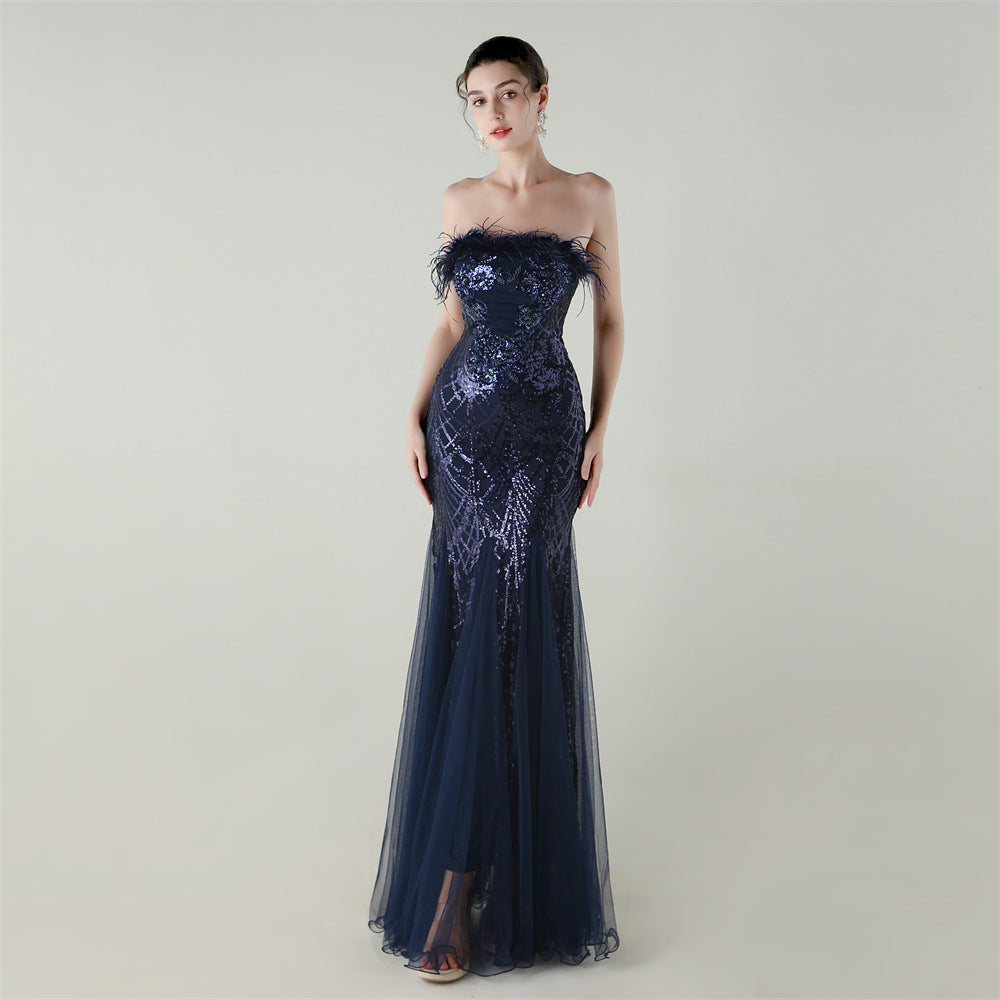 Sequin Beaded Tube Flower Ostrich Feather Tube Top Cross Strap Mesh Fishtail Evening Dress Cocktail Wedding