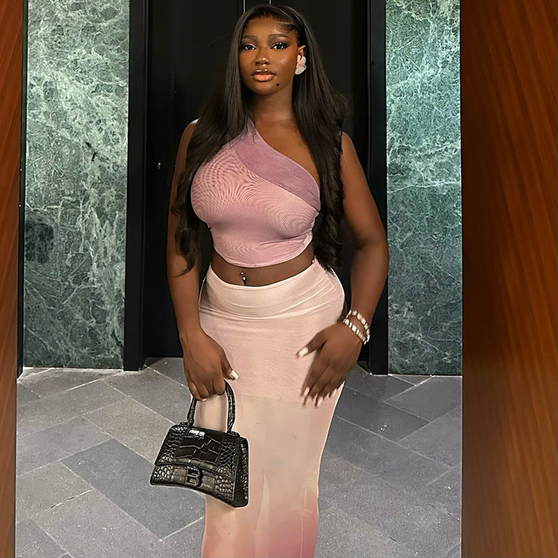 Cropped Fresh Sheath Tight Gradient Color Skirt Set Diagonal Collar Micro Transparent Dress Two Piece Set