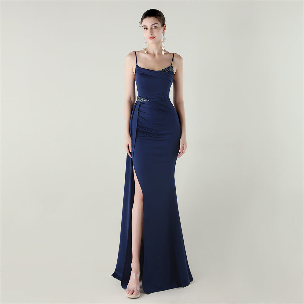 Bandeau Sling Satin Beaded Fishtail Evening Dress Dinner Wedding Dignified Sexy Graceful Dress