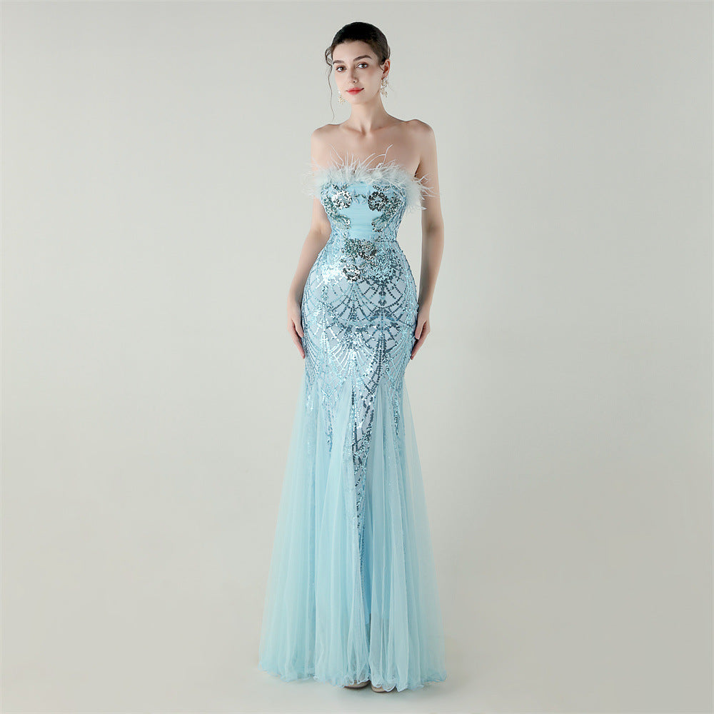 Sequin Beaded Tube Flower Ostrich Feather Tube Top Cross Strap Mesh Fishtail Evening Dress Cocktail Wedding