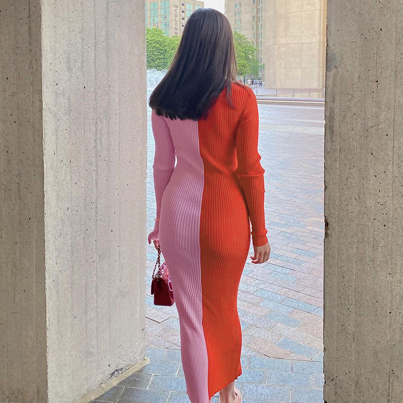 Colorblock Abril Button Front Knit Midi Dress Red Tan