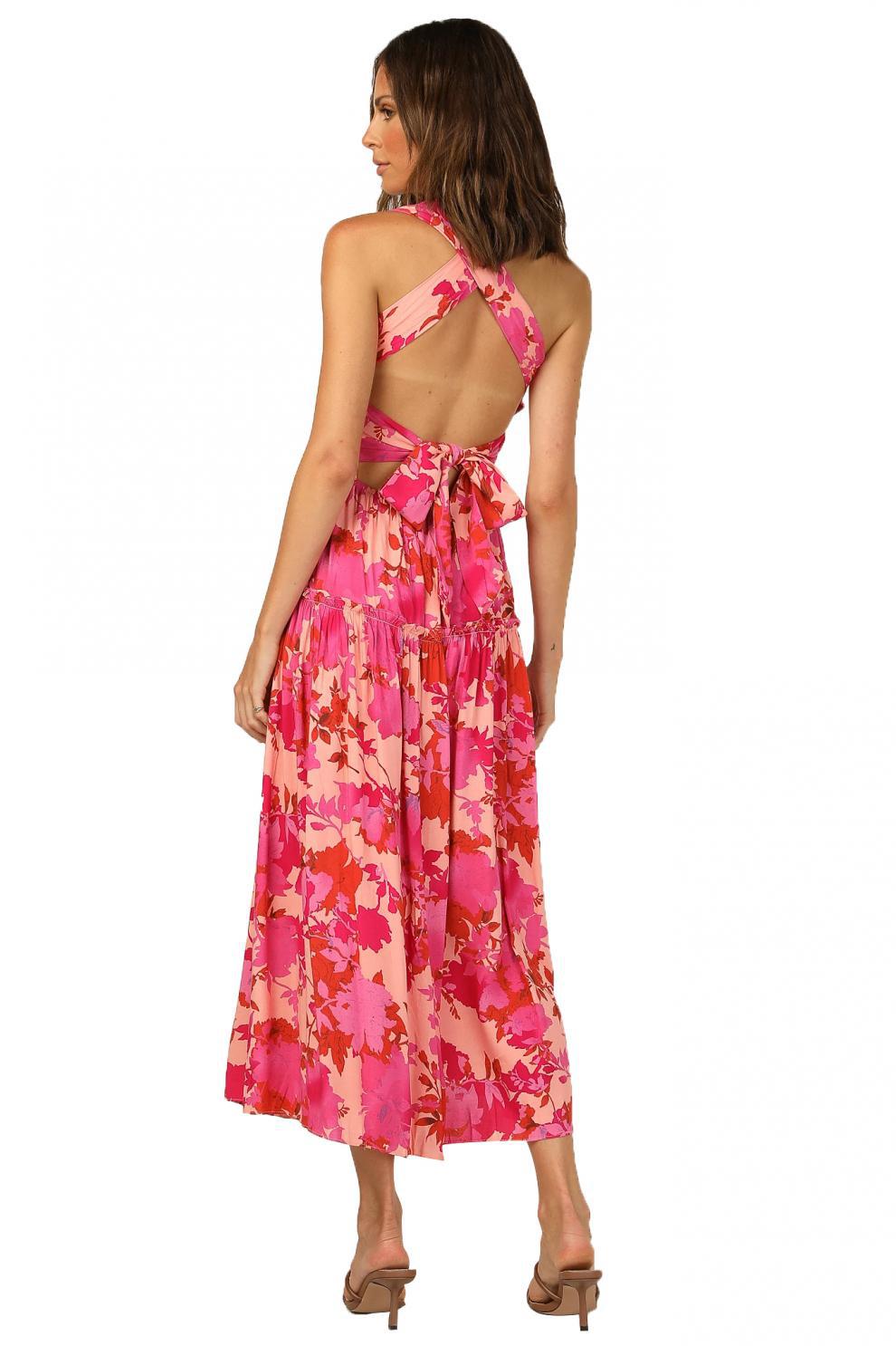Edris Cotton Botanical Tiered Midi Dress Coral Pink
