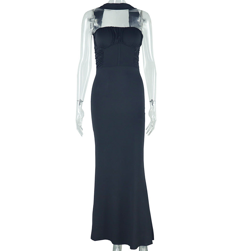 Color Solid Dress Tube Top Halter Cold Shoulder Sleeveless Maxi Dress