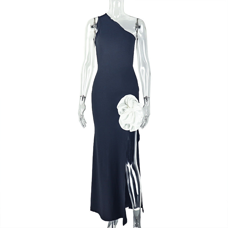 Black White Women Wear Stitched Backless Slit Sheath Dress Diagonal Collar Sleeveless Graceful Maxi Dress