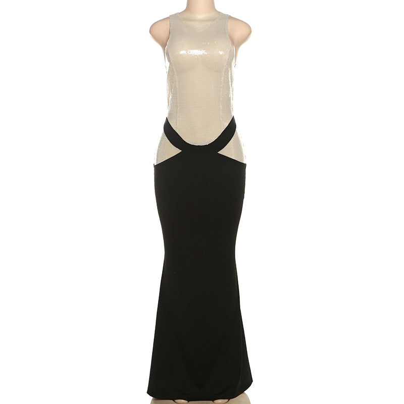 Graceful Pullover Sleeveless round Neck Sequ Color Matching Maxi Dress