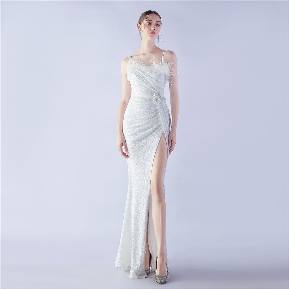 Ostrich Hair Craft Flower Wedding Annual Meeting High End Evening Dress