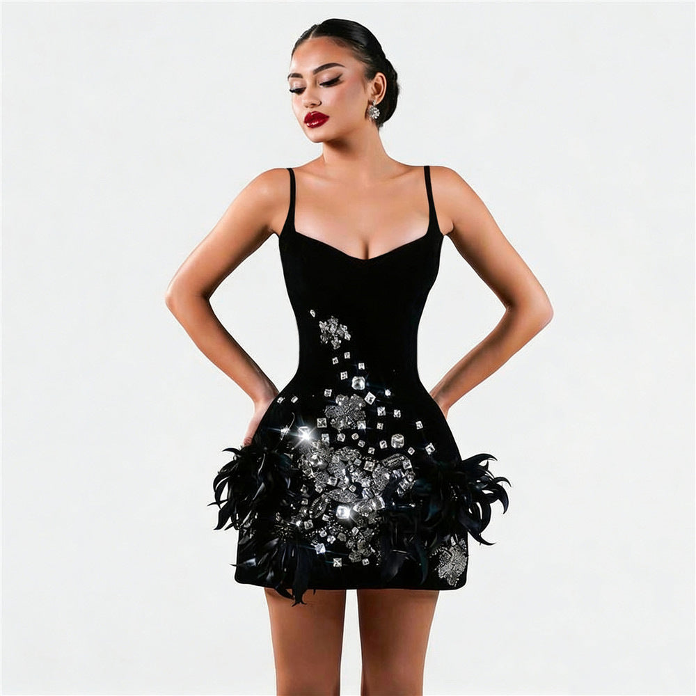 Women Chic Sling Rhinestone Feather Bandage Dress Prom Party Dress Mini Dress