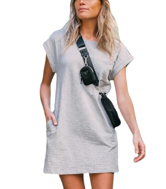 Pocketed Sorrel Knit T Shirt Dress Beige