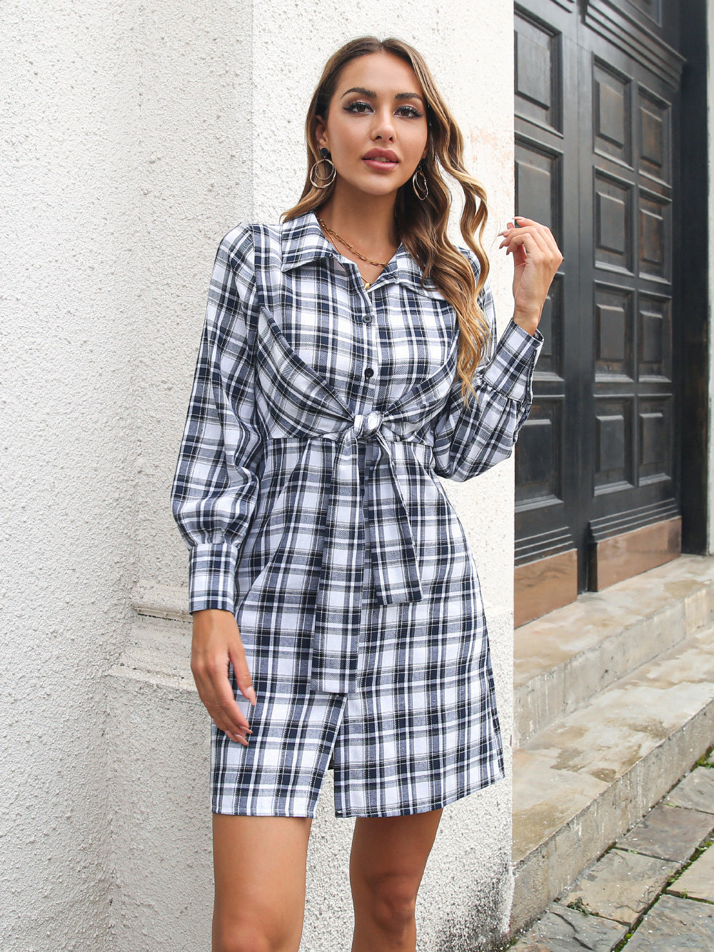 Cotton Archie Ruched Plaid Shirt Dress FINAL