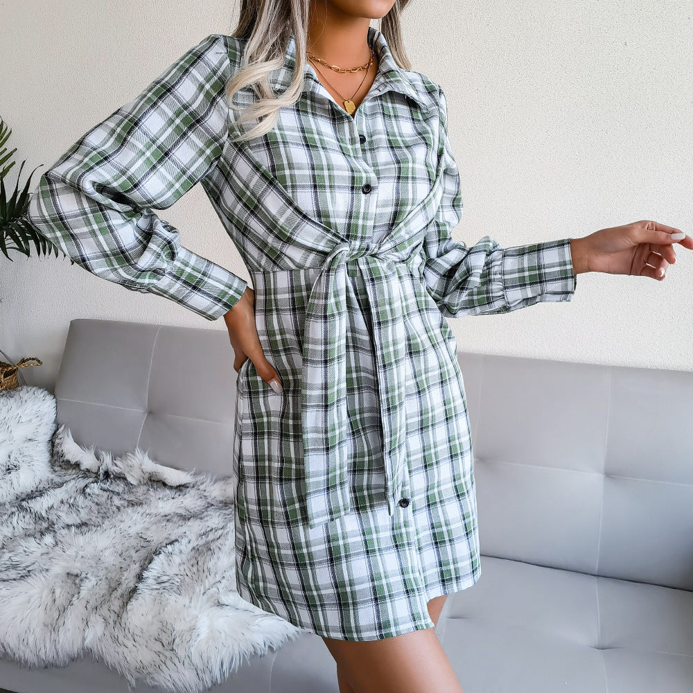 Cotton Klay Plaid Button Down Shirt Dress Green
