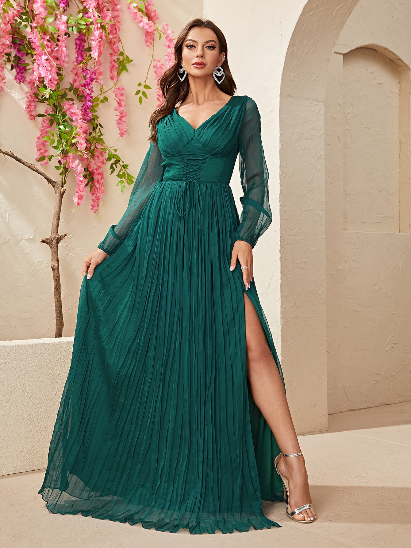 Dress Long Sleeved Chiffon V neck Slit Dress Waist Controlled Lace up Pleated Maxi Dress