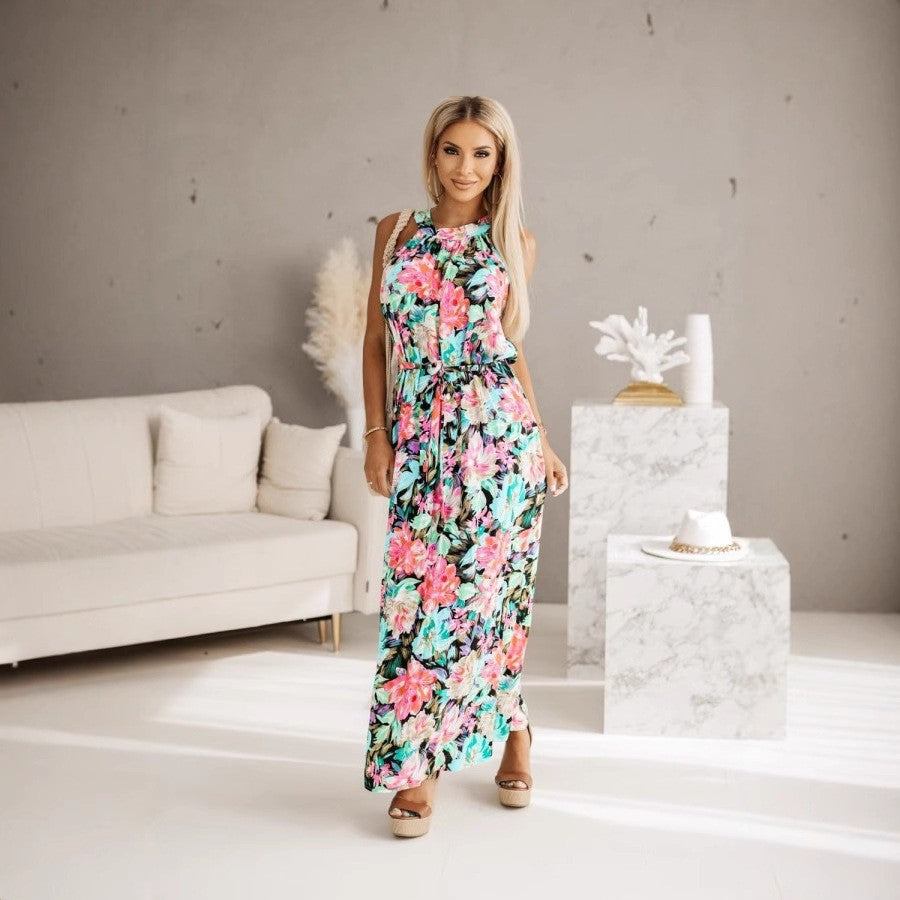 Alba Minimalist Women's Floral Maxi Dress with Adjustable Waist Premium Edit