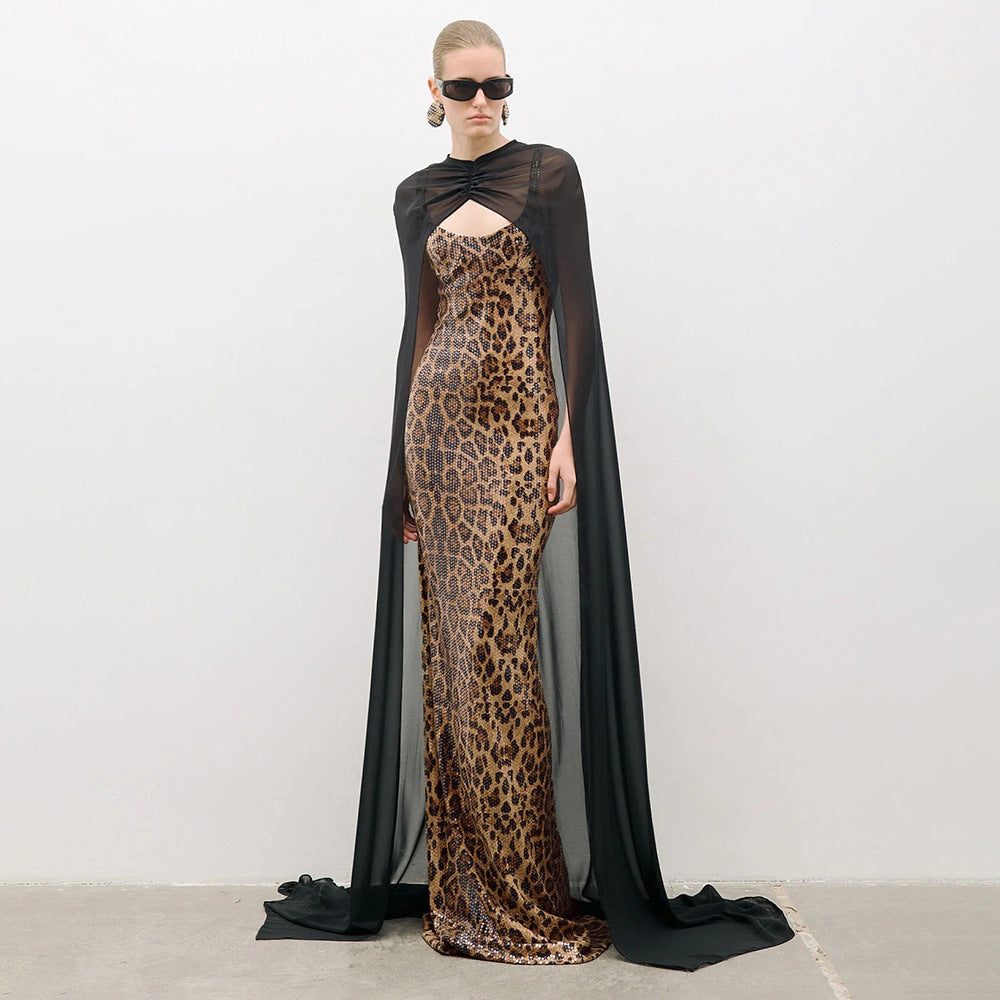Refined Sexy Leopard Print Sequin Cami Dress Dress Black Chiffon Cloak Two Piece Maxi Dress