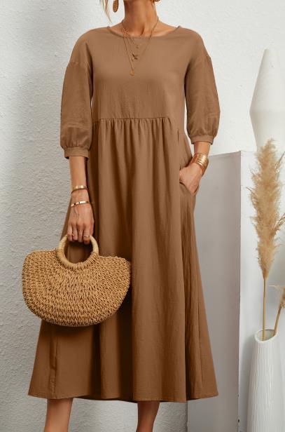 Cotton Sosa Pocketed Puff Sleeve Midi Dress Brown FINAL