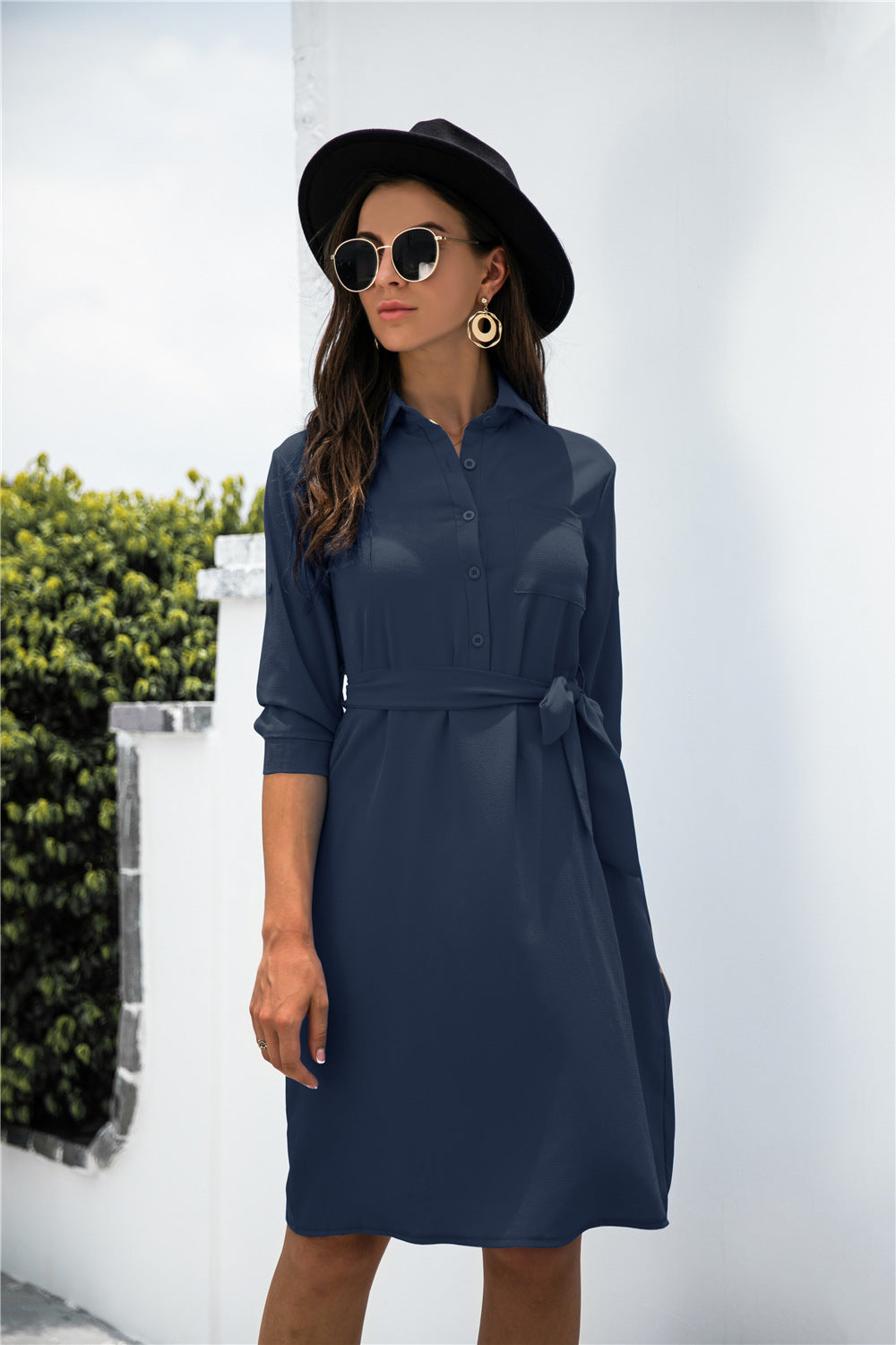 Chic Office Button Down Shirt Dress Navy