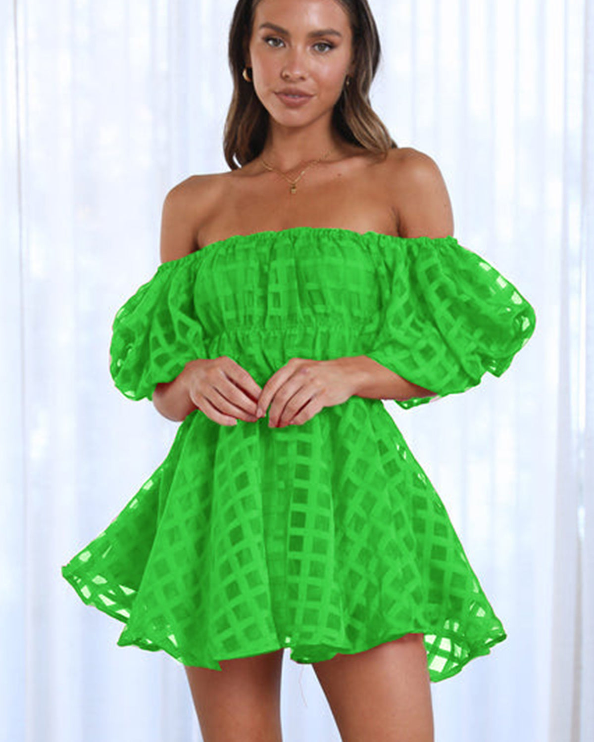 Boutique Diana Mini Dress with Puff Sleeves and a Checked Pattern Chic Silhouette Collection
