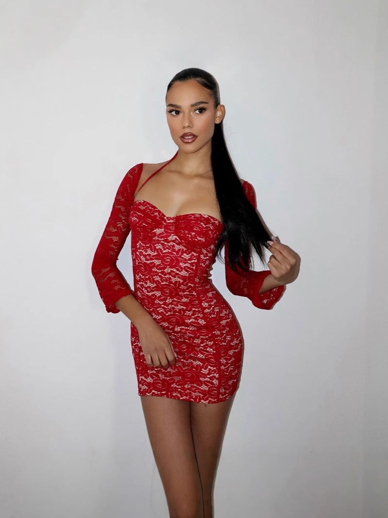 Desire Scarlet Lace Halter Mini Dress