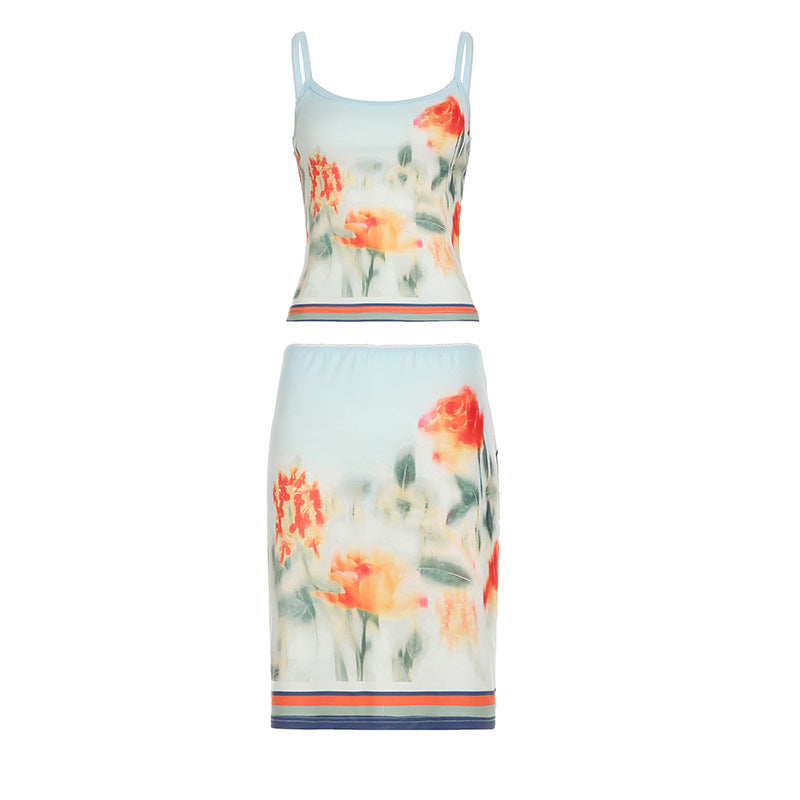 Skirt Vacation Two Piece Retro Sunset Tie Dye Printed Tube Top Dress Sling Mid Length Skirt Set