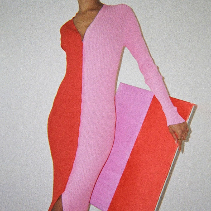 Colorblock Abril Button Front Knit Midi Dress Red Tan