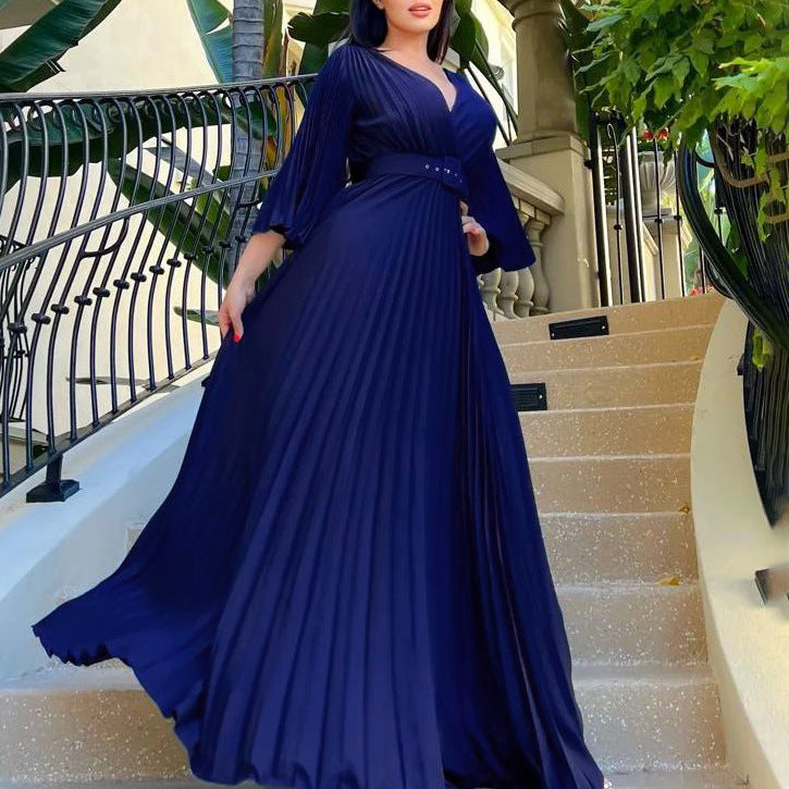 Women Clothing V neck Attractive Pleated Formal Swing Dress Maxi Dress