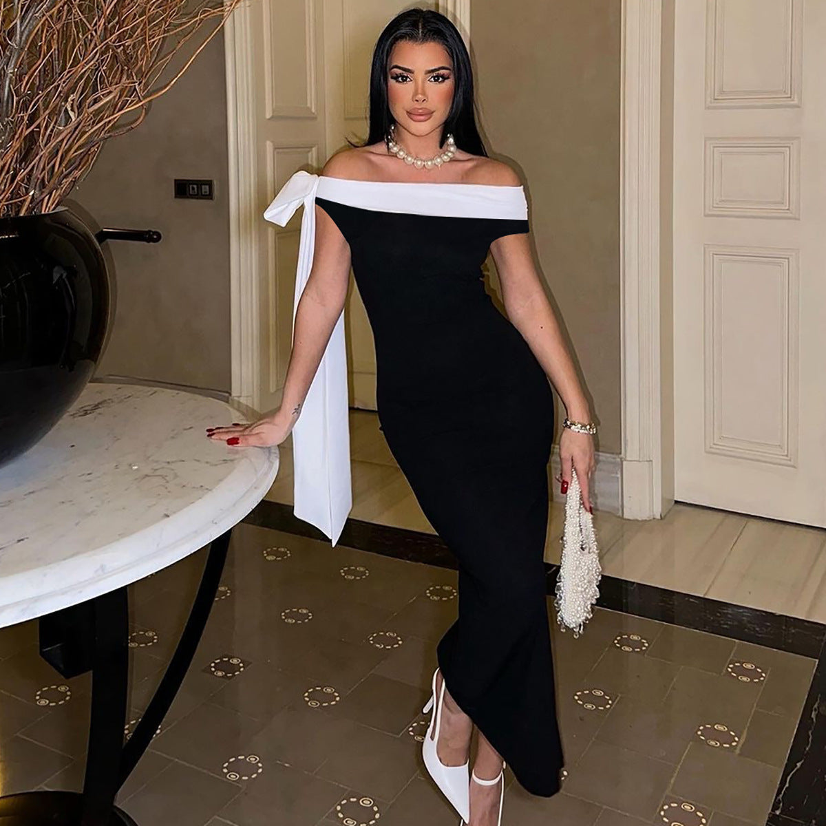 Shoulder off Ribbon Slim Solid Color Dress