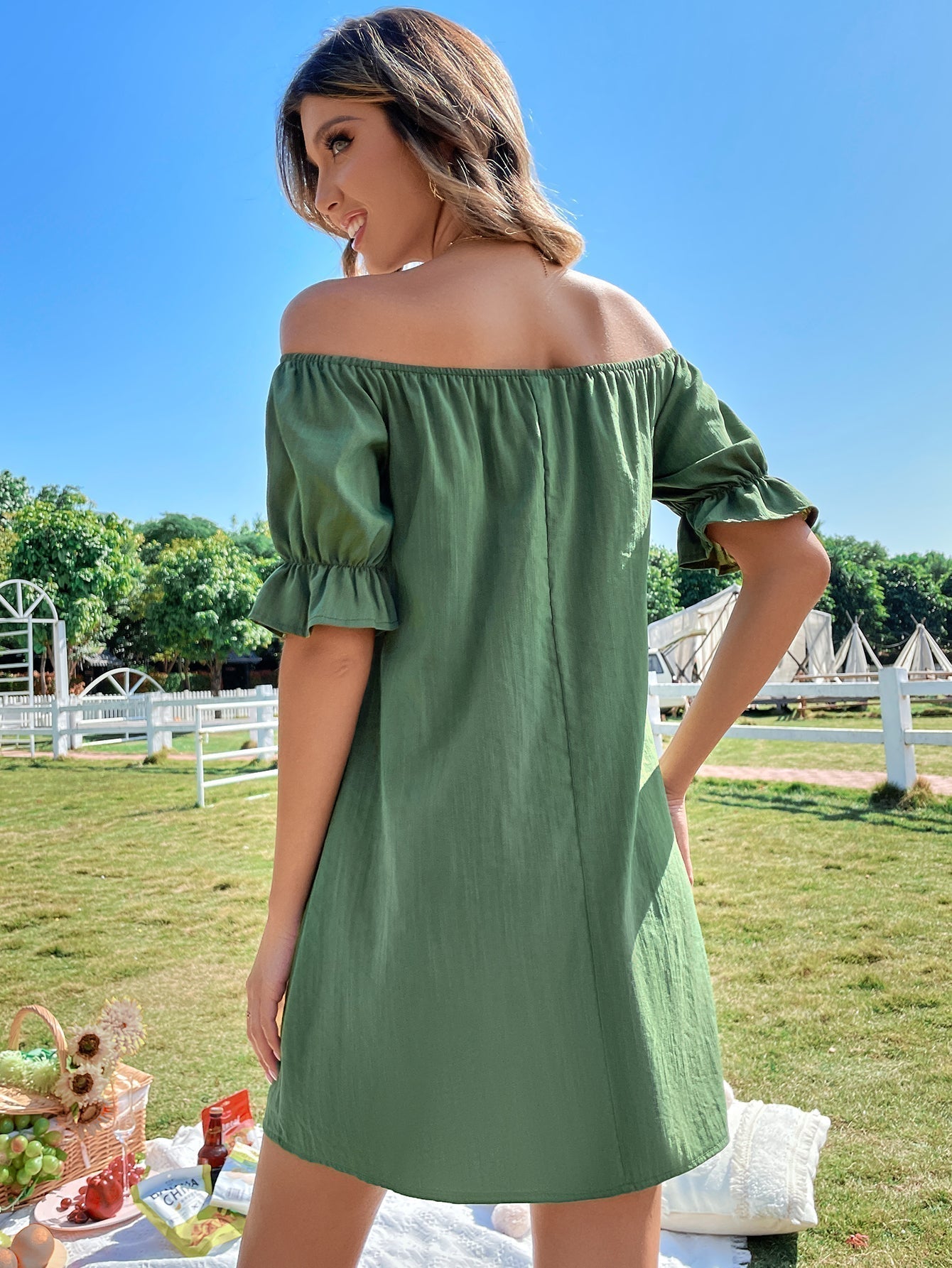 Shoulder Off Button Up Dress