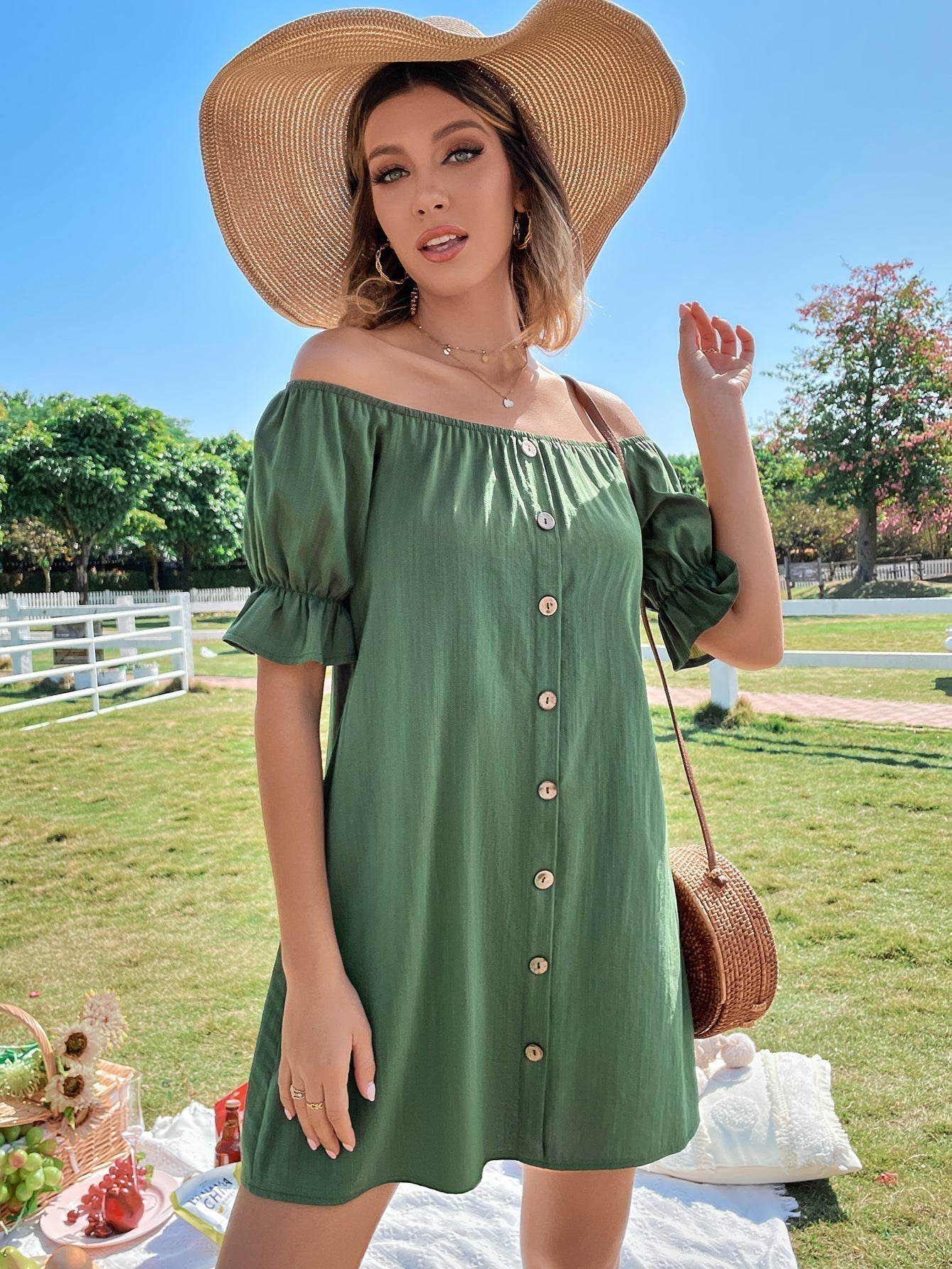 Shoulder Off Button Up Dress
