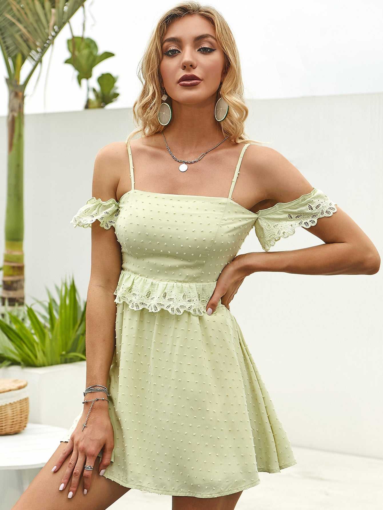 Shoulder Off Ruffle Detail Lace Trim Cami Dress