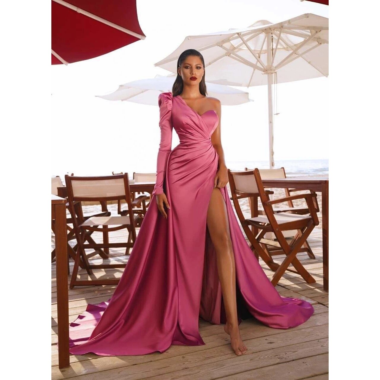 Kissnovaa - One-shoulder Long Sleeve Cocktail Dress