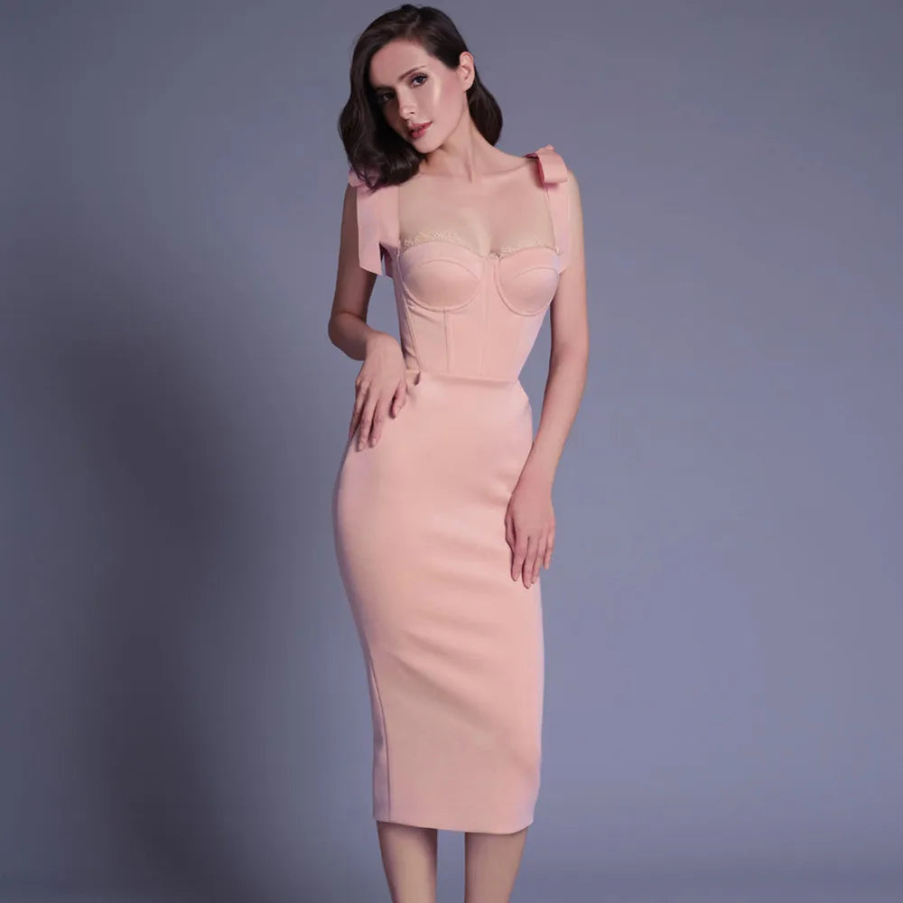 Pink New White Sleeveless Bodycon Midi Dress