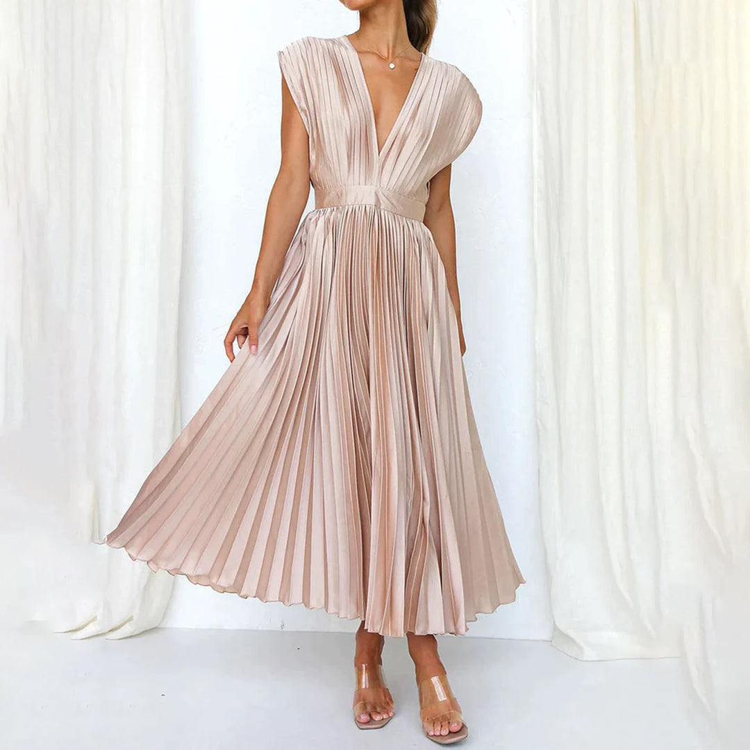 Mertxe Refined V-neck Pleated Maxi Dress for Women Sophisticated Look