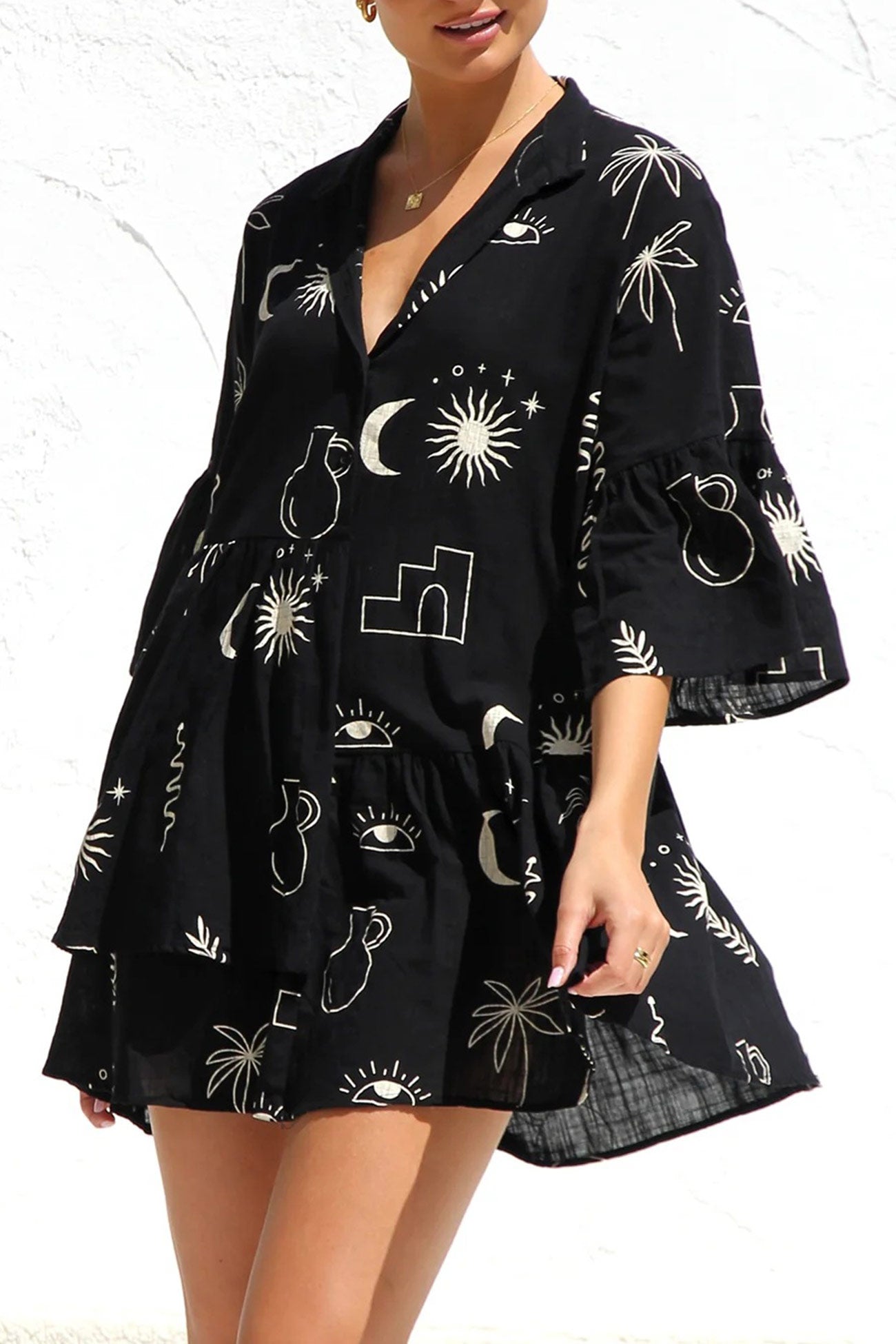 Flares Printed Sleeve Ruched Mini Dress
