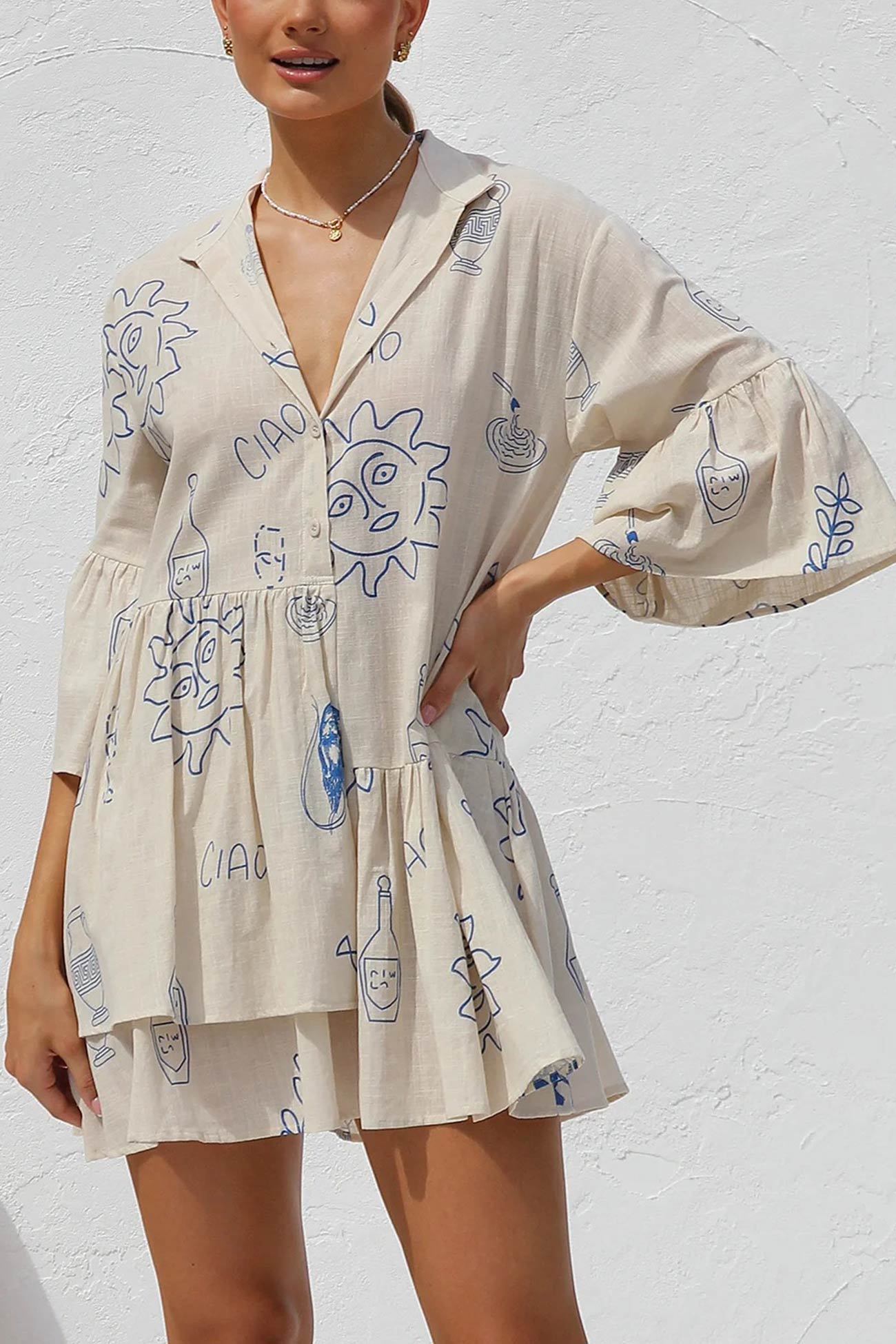 Flares Printed Sleeve Ruched Mini Dress
